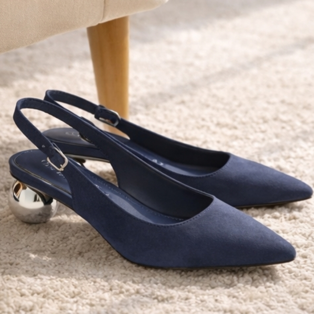 💙 Rare Katy Perry Navy Suede Slingback Heels Size 5 – Unique Silver Sphere Heel - Picture 2 of 8